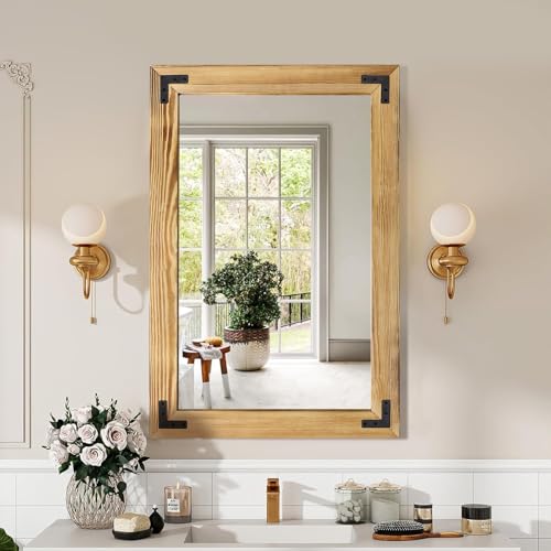 36"×24" Rustic Wood Frame Mirror for Wall, Bathroom Wooden Vanity Mirror - color: Light, size: 36"L x 24"W