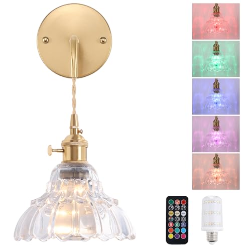 Shenmoyl Battery Operated Wall Sconce Wall Lamp with Clear Lily of the Valley Shade Pattern Glass Adjustable Chain Retro Gold Wall Light, Modern Wall Lamp Fixtures Decor for Bedside Bedroom - color: Lily of the Valley-Clear, size: 1Pack-Battery Operated