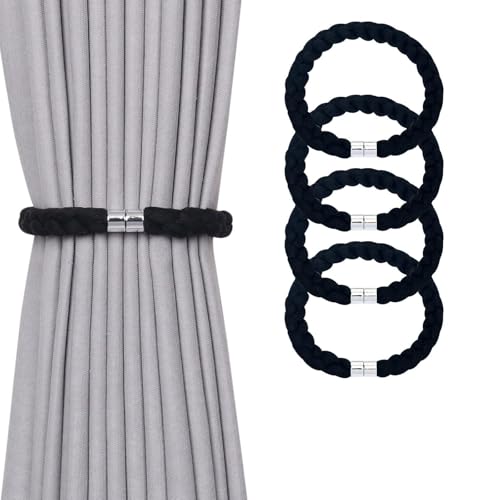 NICEEC 4 Pack Natural Cotton Rope Magnetic Curtain Tiebacks Elegant Twisted Braid Style Drape Tie Backs Soft Hand-Woven Rope Curtain Holdbacks for Home & Office Window Draperies (Black-01) - color: Black-01, size: 4 Pack