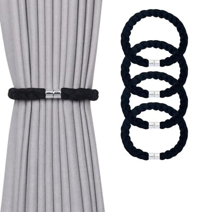 NICEEC 4 Pack Natural Cotton Rope Magnetic Curtain Tiebacks Elegant Twisted Braid Style Drape Tie Backs Soft Hand-Woven Rope Curtain Holdbacks for Home & Office Window Draperies (Black-01) - color: Black-01, size: 4 Pack