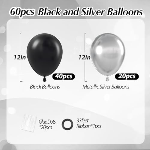12inch Black and Silver Balloons with Black Metallic Silver Balloons - color: Black Silver