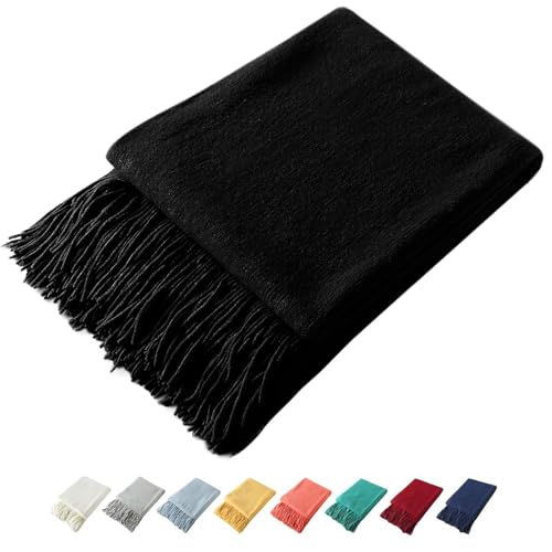 Homiest Black Knitted Throw Blanket with Fringe, 50x60 Inch - color: Black, size: 50" x 60"