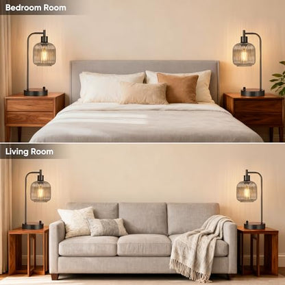 Grey Glass Table Lamps Set of 2, Dimmable Bedside Lamps for Living Room - color: Black&Grey