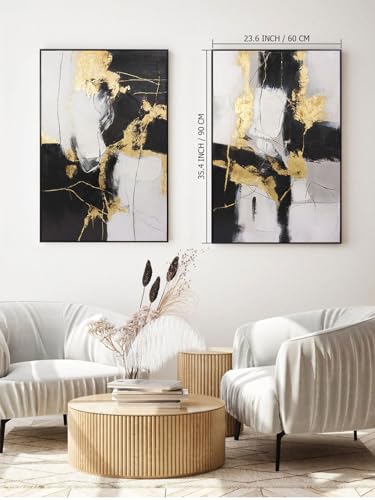 SAFERRYHOME Framed Abstract Black and Gold Modern Wall Art, Large 24"x36"x2 - color: Black Gold 2, size: 24" x 36" x 2 Panel Framed