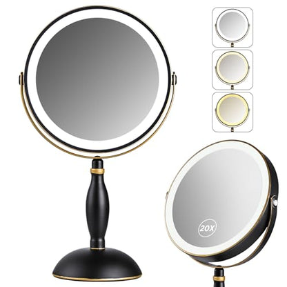 Lighted Makeup Mirror, 20x Magnifying - Matte Black with Gold Trim - color: Matte Black With Gold Trim