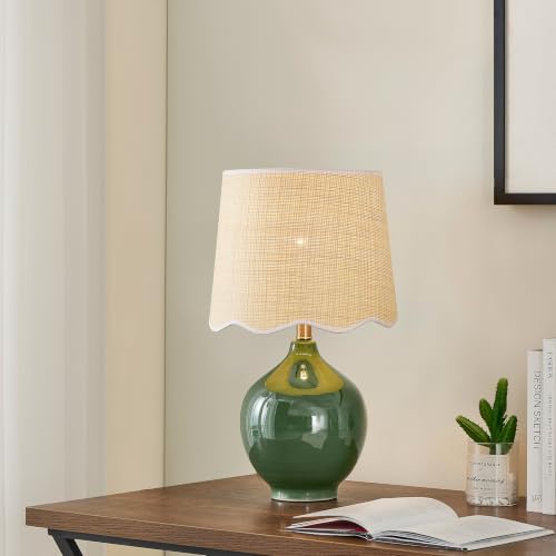 21"H Olive Green Ceramic Table Lamp with Beige Faux Rattan Drum Shade - color: Olive Green