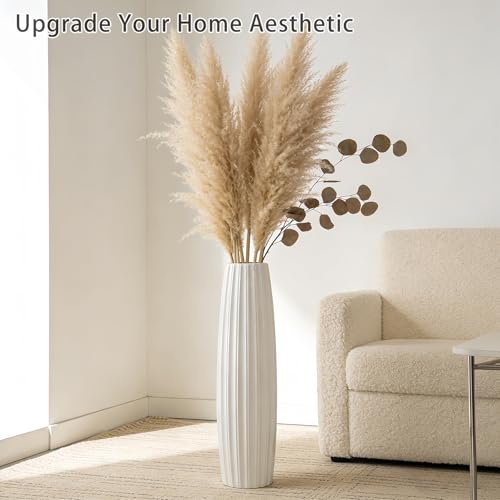 White Tall Ceramic Floor Vase, 28 Inch, Ribbed Drum Design - color: Vertical Stripes, size: Height-28 Inch