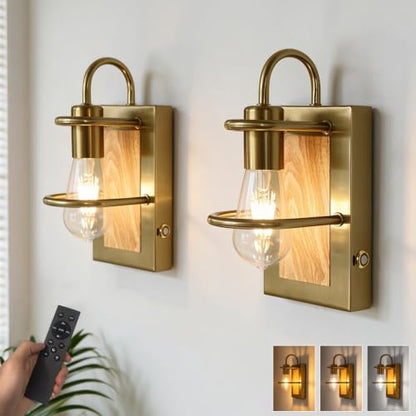 Gold Wall Sconces Battery Operated Set Of 2, Rechargeable Wall Lights - color: Gold Light Wood, size: 3 Color