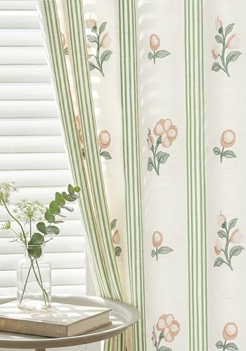 Pinch Pleat Linen Blend Curtains Green Stripe Floral, 40"W x 84 Inches Long - color: Green Stirpe, size: 40"W x 84"L (Pack of 2)