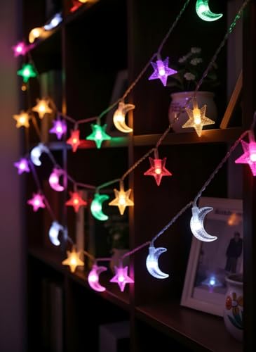 Star and Moon String Lights, 30 LED Battery Powered Fairy Lights, Waterproof for Outdoor Indoor Decor, Bedroom, Patio, Garden, Party, Wedding - color: Colorful Star and Moon