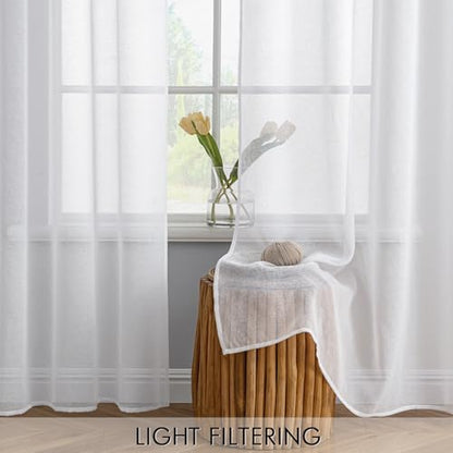 MIULEE Semi White Linen Textured Sheer Curtains 42W×63L Rod Pocket 2 Panels - color: White, size: 42"W x 63"L (Pack of 2)