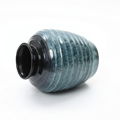 LuxenHome 16'' Rippled Blue Round Ceramic Vase