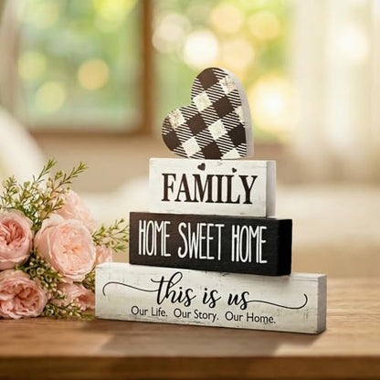 Smile 4 Pcs Family Wooden Tabletop Decor Home Sweet Home Tiered Tray Decoration, Rustic Retro Neutral Wood Heart-Shaped Block Sign, Suitable for Home Shelves Fireplace Mantels - style: Sweet Home