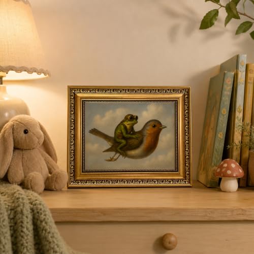 Vintage Gold Framed Wall Art Whimsical Frog Riding Bird Canvas Print - color: Frog Bird, size: 10"L x 8"W