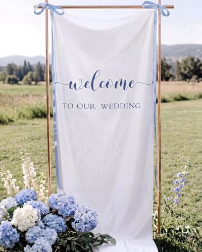 Tingjoo 27x78" Wedding Banner White, Deep Blue Backdrop Bow Hanging - color: White, Deep Blue, style: Wedding