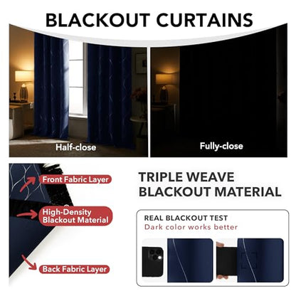 Deconovo Curtains for Living Room, Pattern Blackout Curtains 108 Inch Long - color: Silver Line-navy Blue, size: 52"W x 108"L (Pack of 2)