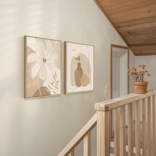 Large Framed Neutral Beige Boho Abstract Floral Wall Art Bedroom, Set of 2 - color: Neutral Beige, size: 20" W x 30" H x 2Pcs