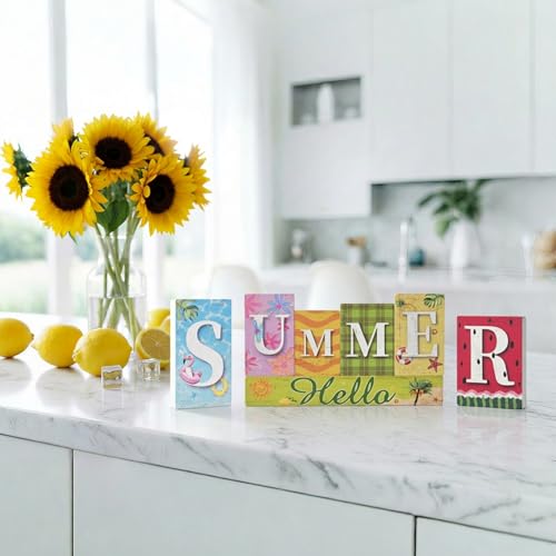 Smile 7 Pcs Wooden Decor Summer Indoor Decorations, Hawaii Style, Summer Letter Table Centerpieces for Home Kitchen Seasonal Display - style: Summer