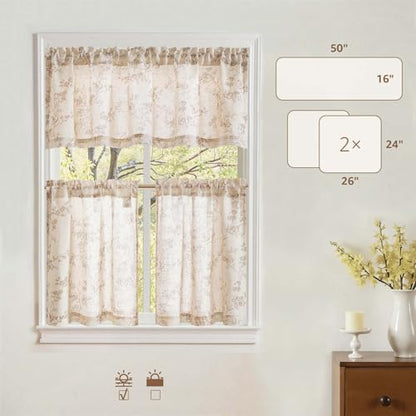 jinchan Taupe Linen Floral Kitchen Tier Curtains and Valance Set 3 Pieces - color: Alisa | Taupe on Linen, size: 26"W x 24"L (Pack of 3)