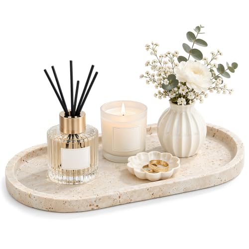 Marble Bathroom Tray, 12×6 inch Oval Marble Decorative Tray - color: Travertine
