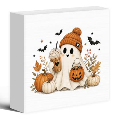 Halloween Fall Ghost Coffee Pumpkin Wood Box Sign Desk Decor 5X5 - color: Cozy Ghost