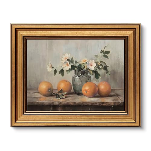 VIYYIEA Gold Framed Wall Art, Oranges Still Life Print Kitchen Wall Art - color: White Roses Vase, size: 10"L x 8"W