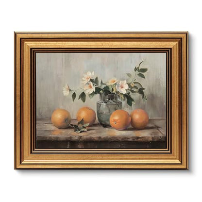 VIYYIEA Gold Framed Wall Art, Oranges Still Life Print Kitchen Wall Art - color: White Roses Vase, size: 10"L x 8"W