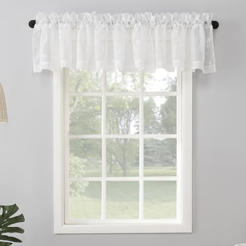 No. 918 Delia Embroidered Floral Sheer Rod Pocket Curtain Valance, 50" x 17", Ivory Off-White - color: Ivory Off-white, size: 50"W x 17"L (Pack of 1)