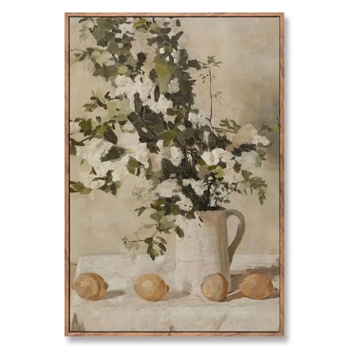 ElfLuna Wood Framed Canvas, Retro Lemon Floral Still Life Print - color: Flowers and Lemons, size: 24"L x 16"W