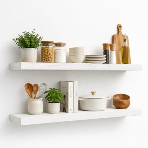 Floating Shelves Set of 2, 48 Inch Long 8" Deep, Heavy Duty Wood Wall Mounted Shelves for Bathroom Living Room Kitchen, Book Shelves with Thickened Hidden Bracket - White - color: White, size: 48'' x 8''x 2''(set of 2）
