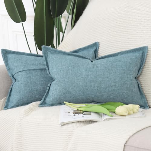 MADIZZ Pack of 2 Faux Rustic Linen Throw Pillow Covers with Flange Edge Soft Boho Natural Decorative Pillowcases for Sofa Living Room Modern Throw Pillows for Bed 12x20 Inch Blue - color: Blue, size: 20" x 12" (Pack of 2)