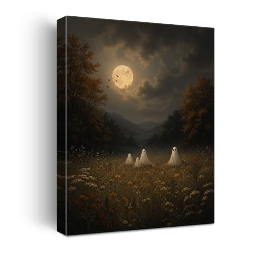 Halloween Wall Art Decor Ghost Family Moonlight Canvas Print Framed - color: B