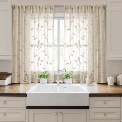 HOMEIDEAS Taupe Kitchen Sheer Curtains Leaf Embroidered, 52x45, 2 Panels - color: 2-taupe/Beige, size: 52"W x 45"L (Pack of 2)