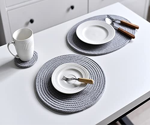 6 Pack Cotton Woven Placemats, 13.8 inches Round Plate Chargers Grey Thick Placemat Set Cotton Rope Braided Tablemats Rattan Tablemats Rustic Weave Placemats for Dining Table - color: Gray, size: Round Set of 6