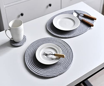 6 Pack Cotton Woven Placemats, 13.8 inches Round Plate Chargers Grey Thick Placemat Set Cotton Rope Braided Tablemats Rattan Tablemats Rustic Weave Placemats for Dining Table - color: Gray, size: Round Set of 6