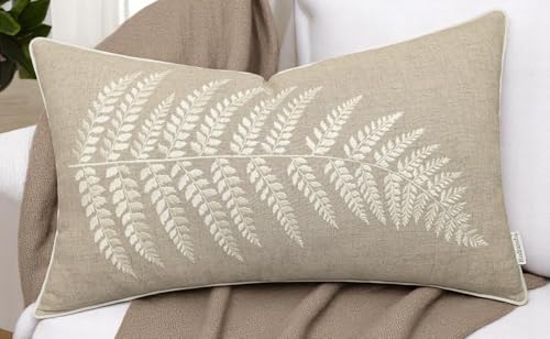 Rudransha Botanical Fern Leaf Embroidery Lumbar Pillow Cover - 12x18 Natural Linen - color: Natural-ferny, size: 18" x 12" (Pack of 1)