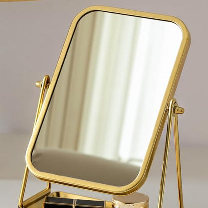 Gold Desk Mirror with Storage Rectangular Tabletop Vanity Mirror - color: Rectangular-gold