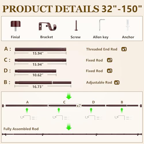 Curtain Rods for Windows 32-144 Inch, 1 Inch Adjustable Brown Curtain Rod Set with Brackets, Easy Install - color: Brown, size: 32"-144"/1 Pack