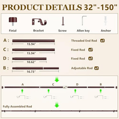 Curtain Rods for Windows 32-144 Inch, 1 Inch Adjustable Brown Curtain Rod Set with Brackets, Easy Install - color: Brown, size: 32"-144"/1 Pack