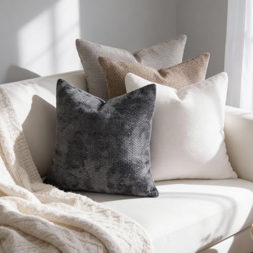 White/Beige/Grey Throw Pillow Covers 16x16 Set of 4, Boho Soft Chenille Couch Pillow Covers, Solid Textured Square Cushion Cases for Sofa Living Room Bedroom Farmhouse Home Decor (Neutral Set) - color: Neutral Beige/Grey, size: 16" x 16" (Pack of 4)