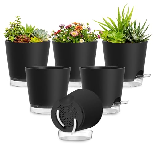 Plant Pots 7 Inch Self Watering Pots, 6 Pack Plastic Planters with Drainage Holes and Clear Saucers,Plastic Flower Pots for Indoor Out Door Plants (Black) - color: Black, size: 7 inch