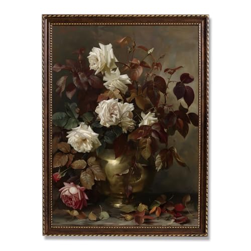 Vintage Framed Dark Academia White Rose Moody Wall Art for Living Room | Oil Painting Style, White Rose Floral, Suitable for Kitchen Bathroom Bedroom, Ready to Hang, fade-resistant, Farmhouse Style - color: Vintage Vase, size: 16"L x 24"W