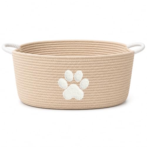 Dog Toy Basket with Handles, Boho Cotton Rope Storage Bin Organizer - color: Khaki / White Paw