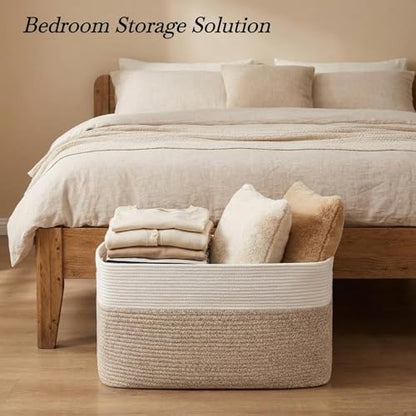 Optish 75L Large Woven Blanket Basket, Storage Basket with Handles - color: White & Brown, size: 22" x 17" x 11.5"(75L)