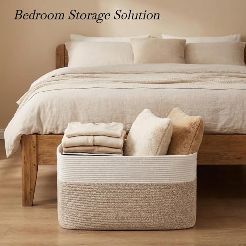 Optish 95L Large Woven Blanket Basket, Storage Basket with Handles - color: White & Brown, size: 24" x 17" x 13.5"(95L)