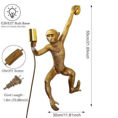 Jorunhe Plug in Wall Sconces, Resin Monkey Wall lamp, 21.65 x 11.81 Inch On Off Switch, Vintage Industrial Wall Light Fixture for Living Room, Bedroom, Office