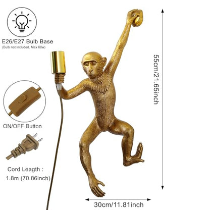 Jorunhe Plug in Wall Sconces, Resin Monkey Wall lamp, 21.65 x 11.81 Inch On Off Switch, Vintage Industrial Wall Light Fixture for Living Room, Bedroom, Office