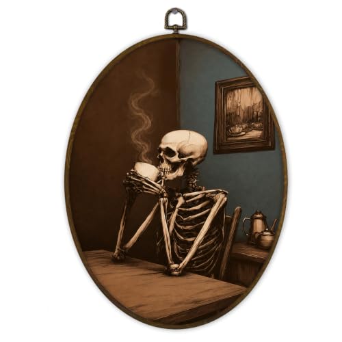 Gnmduw Halloween Skeleton Coffee Oval Wall Art Framed Decor, 8.7x11.3 Inch - color: skeleton, size: 11.3"L x 8.7"W