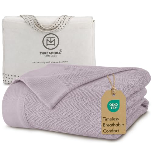 Threadmill Luxury 100% Cotton Queen Herringbone Blanket, Lilac - color: Lilac, size: Queen (90" x 92")