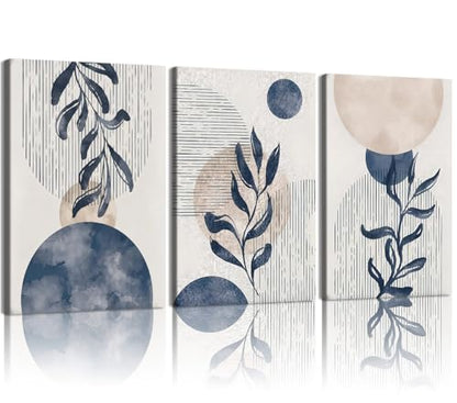 HCJWCXD 3Pcs Boho Wall Art Navy Blue Botanical Framed Canvas Prints 12x16In - color: Navy Blue, size: 12x16 Inches